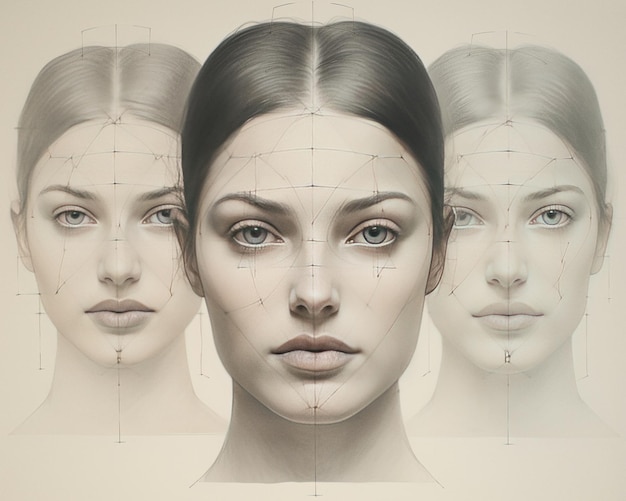 Photo human face pencil drawing showing symmetrical grid and height marks