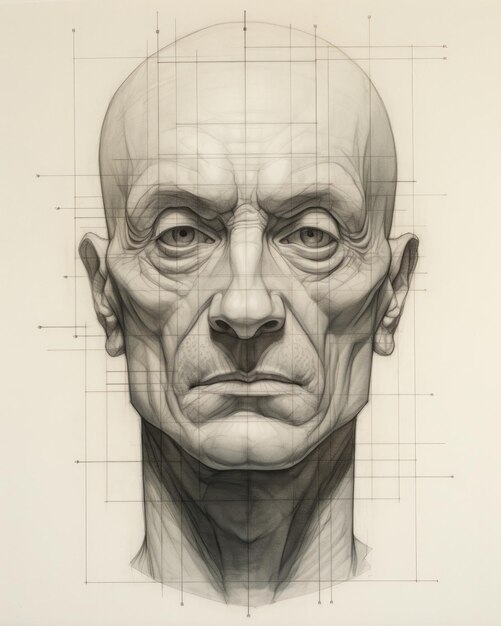 Карандашный рисунок человеческого лица, показывающий симметричную сетку и отметки высоты.