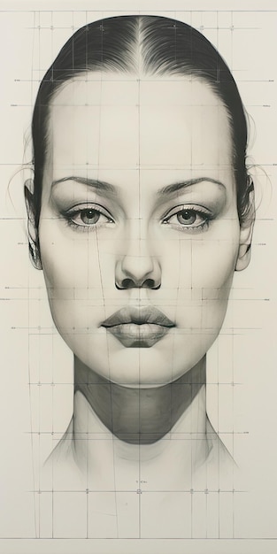 Photo human face pencil drawing showing symmetrical grid and height marks