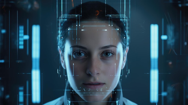 человеческое лицо проанализировано с помощью биометрического анализа с помощью программы распознавания лиц