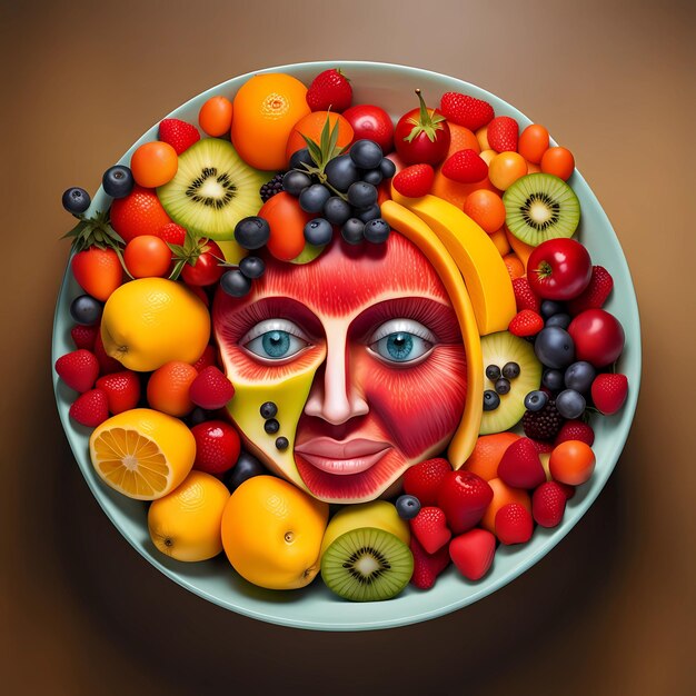 Foto piatto di frutta con faccia umana
