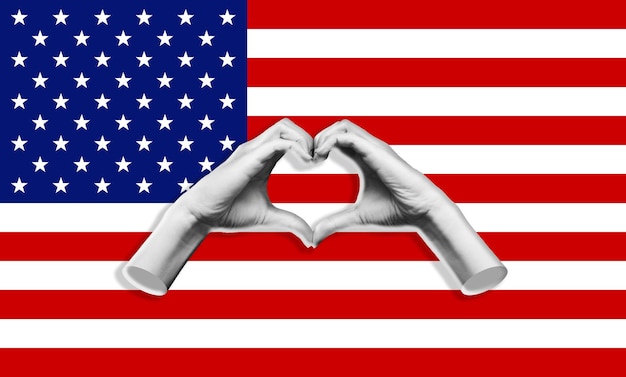 Human female hands showing a heart shape isolated on background of a flag of America USA Patriotism