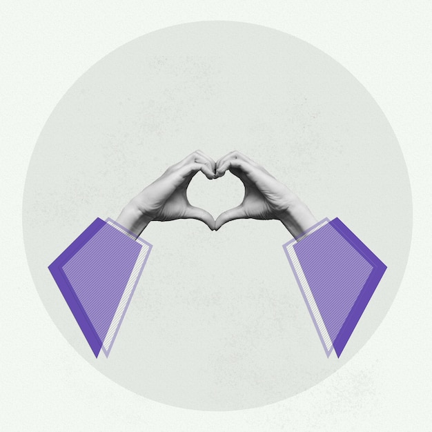 Human female hands in violet sleeves showing a heart shape Love concept Contemporary art