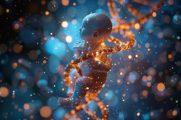 Human fetus with a DNA strand in three dimensions Generative Ai