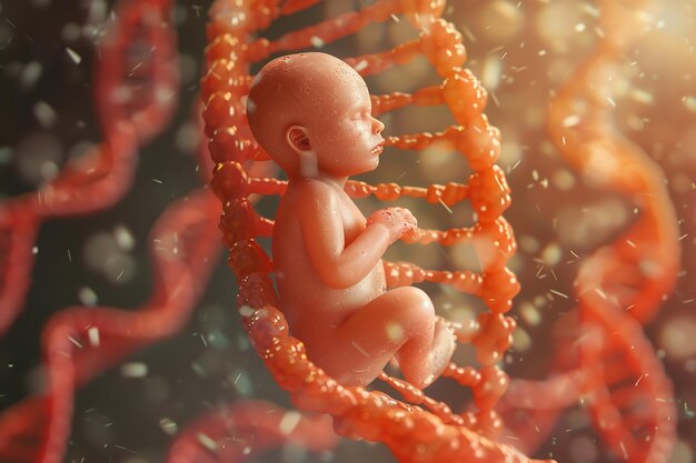 Photo human fetus with a dna strand in three dimensions generative ai