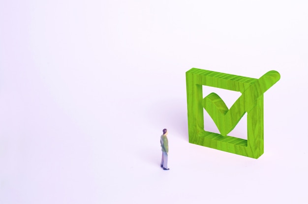 Human figure stand next to a green tick in the box. 