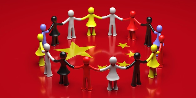 Human figures circle holding hands on chinese flag background Solidarity concept 3d illustration