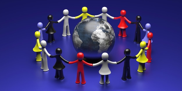 Human figures circle holding hands round earth globe on blue background International solidarity concept 3d illustration