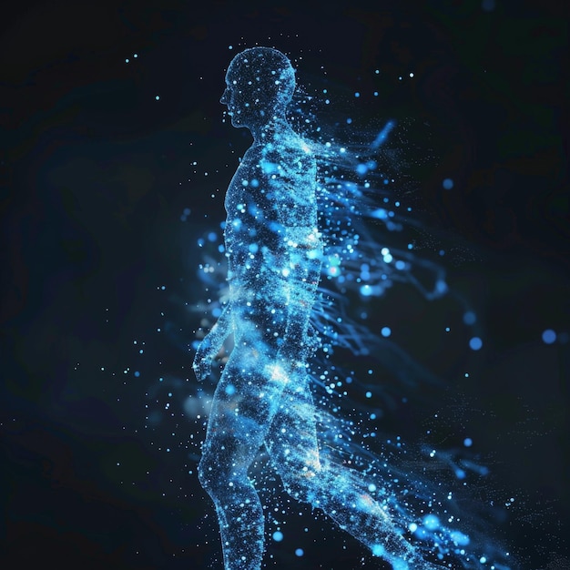 human figurine made by illuminated blue particles on dark background