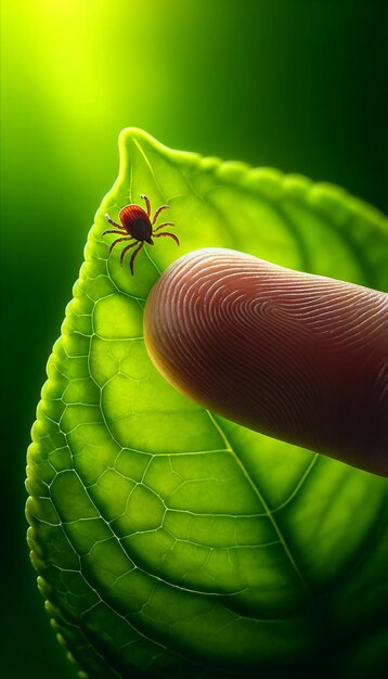 Human Finger Approaching Brown Tick on Green Leaf