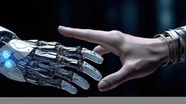 The human finger delicately touches the finger of a robot's metallic finger