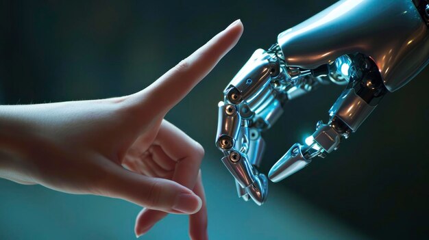 Photo the human finger delicately touches the finger of a robots metallic finger concept of harmonious coexistence of humans and ai technology