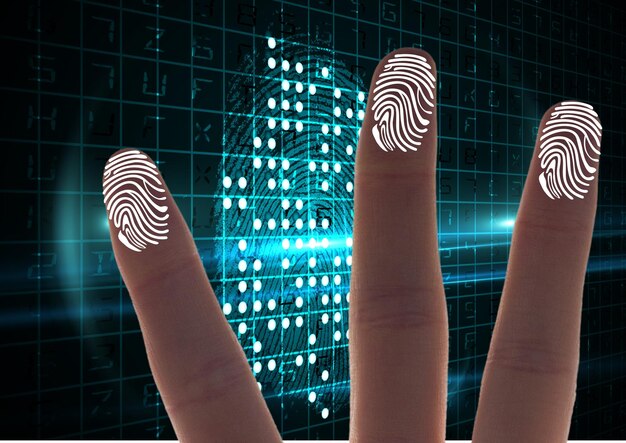 Human fingers scanning over biometric scanner against cyber
security data processing. cyber security and technology
concept