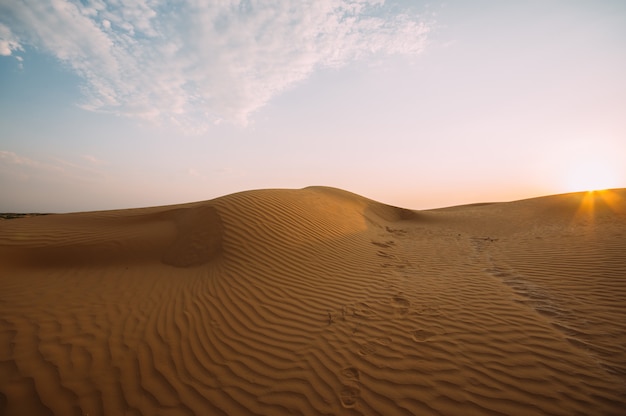 Human footprints in the sand in the desert