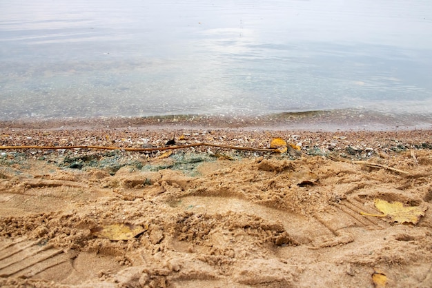 Human footprints on the sand near the water