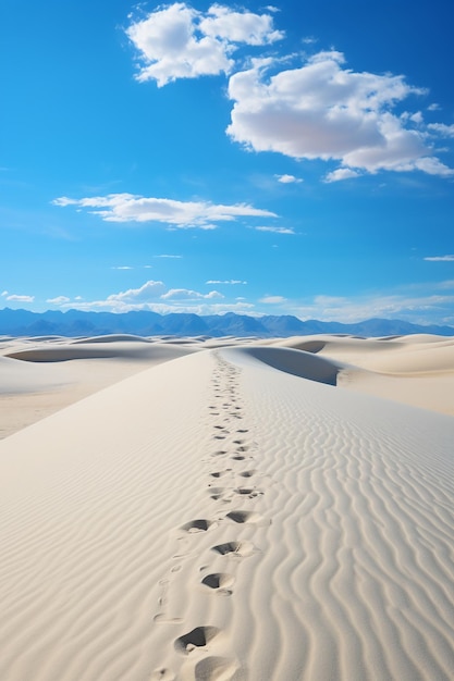 Human footprints on white sand ai generative