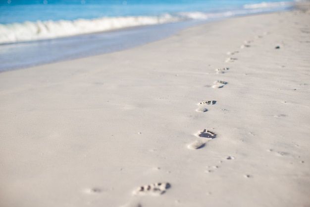 Human footprints on white sand beach