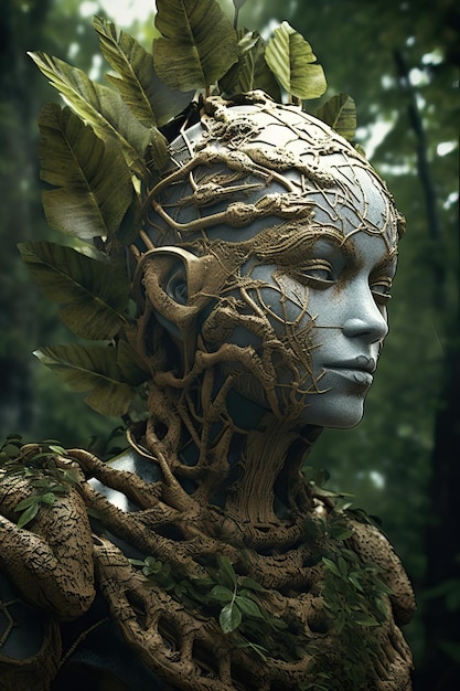 Human god fave head is covered in a leafy design fantasy design spirits of the forest