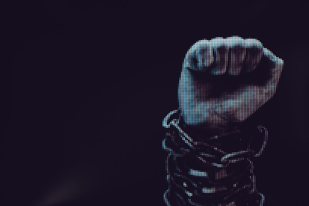 Human hand are chained in chains isolated on black background Macro photography view Closeup of