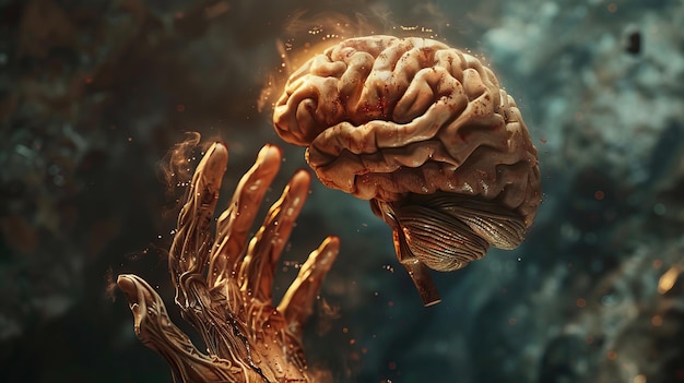 Photo human hand and brain 3d rendering