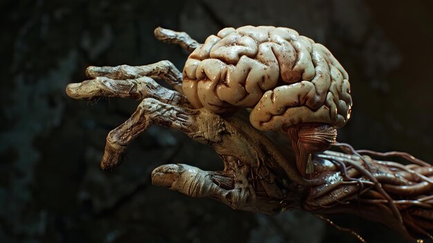 Photo human hand and brain 3d rendering