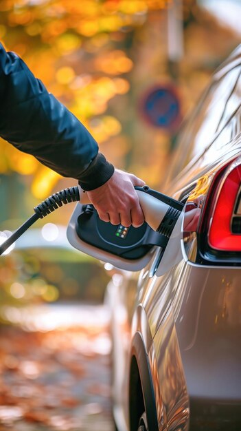 Photo human hand connects a charger to an electric car