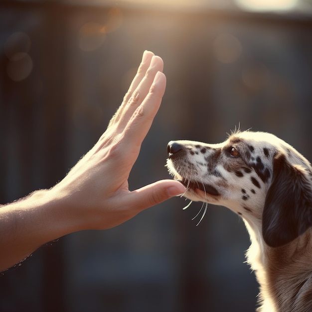 Человек и далматинская собака в трогательный момент дружбы