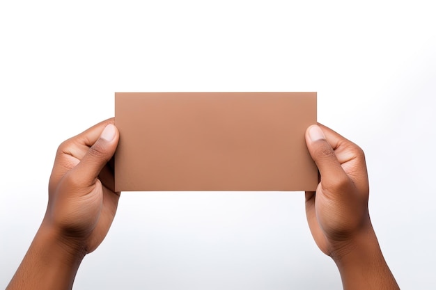 白い背景に茶色の紙またはカードの空白のシートを持つ人間の手