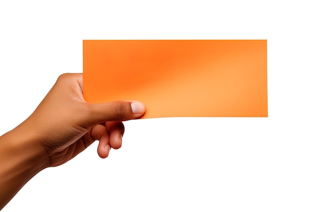 A human hand holding a blank sheet of orange paper or card isolated on a white background