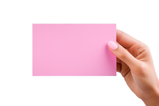 A human hand holding a blank sheet of pink paper or card isolated on a white background