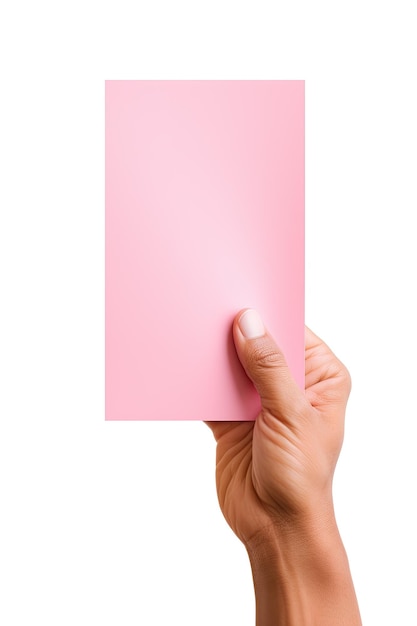 A human hand holding a blank sheet of pink paper or card isolated on a white background
