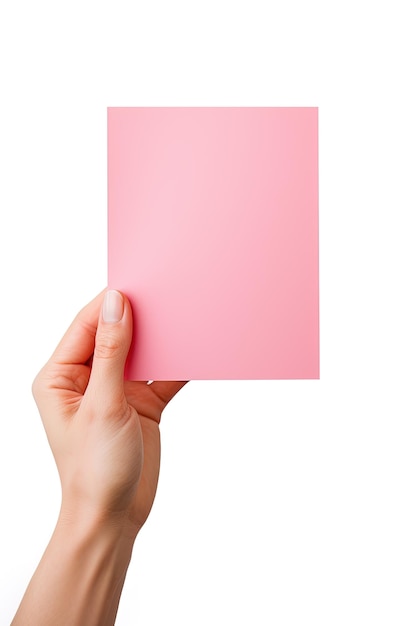 A human hand holding a blank sheet of pink paper or card isolated on a white background