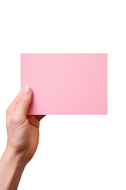 A human hand holding a blank sheet of pink paper or card isolated on a white background