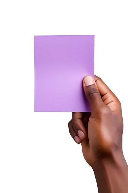 Photo a human hand holding a blank sheet of purple paper or card isolated on a white background