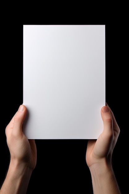 A human hand holding a blank sheet of white paper or card isolated on black background