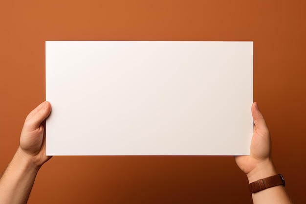 Человеческая рука, держащая пустой лист белой бумаги или карты, изолированный на коричневом фоне