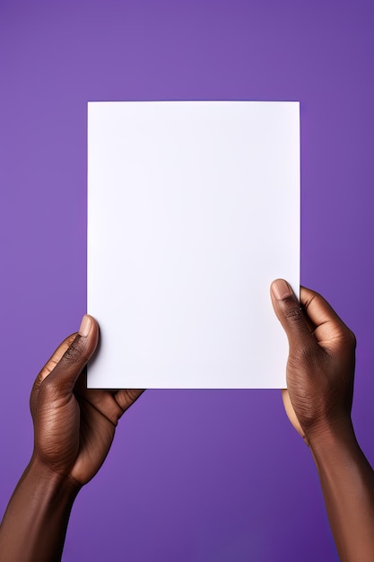 A human hand holding a blank sheet of white paper or card isolated on purple background