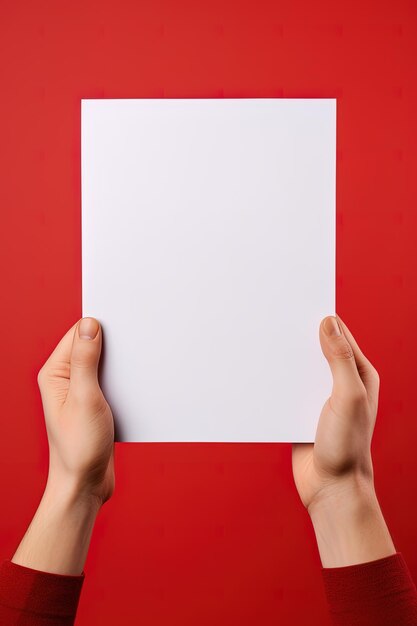 A human hand holding a blank sheet of white paper or card isolated on red background