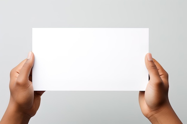 A human hand holding a blank sheet of white paper or card isolated on white background