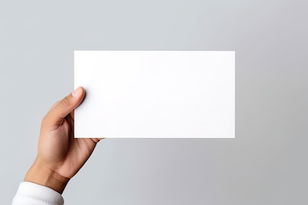 A human hand holding a blank sheet of white paper or card isolated on white background