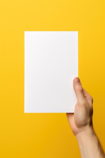 A human hand holding a blank sheet of white paper or card isolated on yellow background