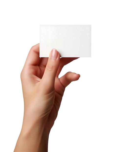 Photo human hand holding a blank white card isolated on white background