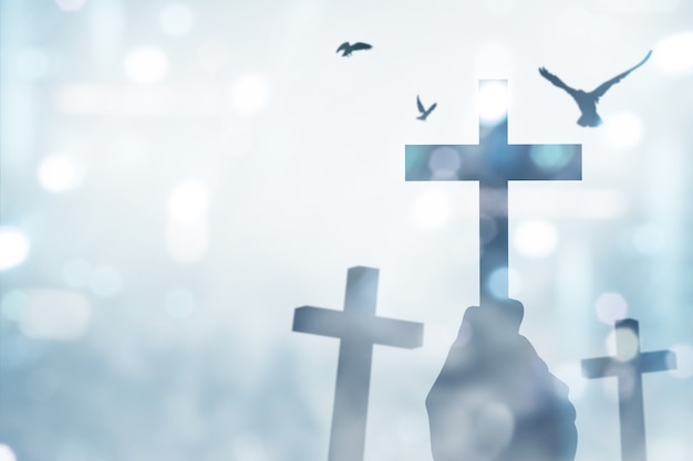 Human hand holding Christian Cross and pigeon flying with a blurred light background