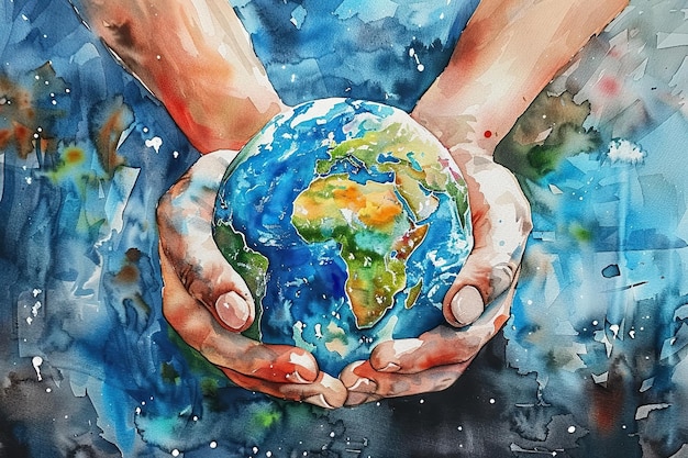 Human hand holding earth globe energy leaves and clouds World environment day concept Save the earth sustainability no waste eco lifestyle