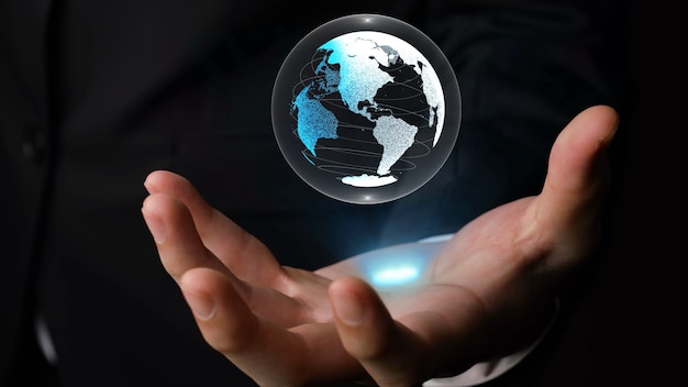 Human hand holding earth globe holographic technology