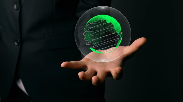 Human hand holding earth globe holographic technology