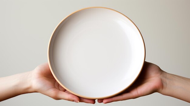 human hand holding an empty white plate