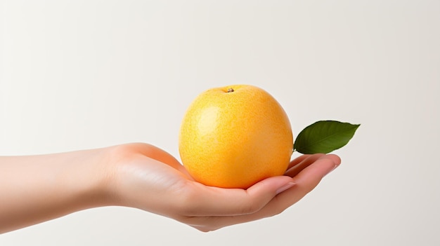 human hand holding fresh orange fruit in white background