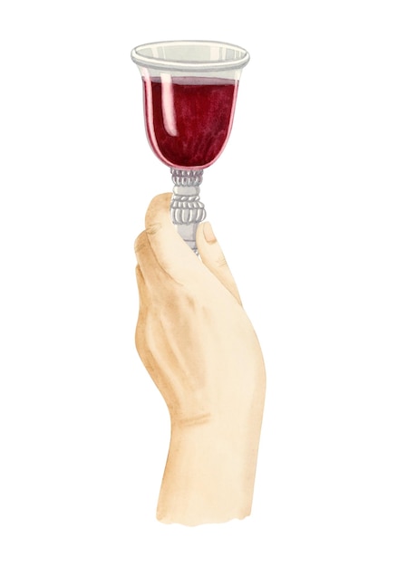 Human hand holding glass of red wine template watercolor illustration for drinks and beverages