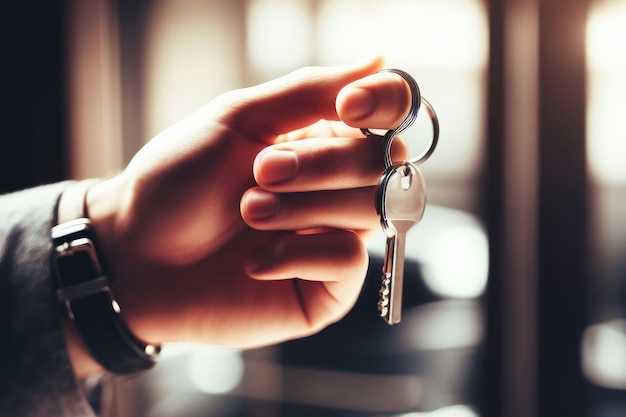 Human Hand Holding Keys Real estate agent handing over house keys in hand Closeup view of keys Real estate purchase or loan concept